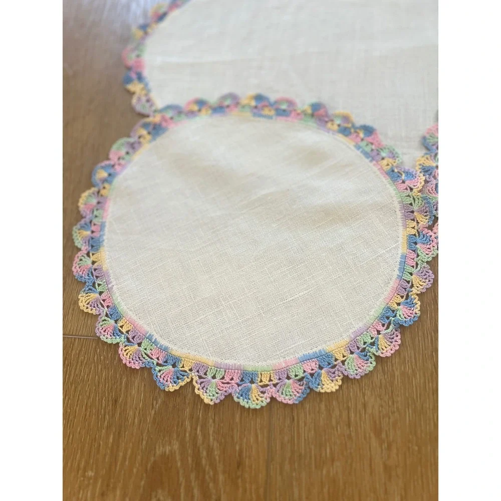 Vintage Linen Doilies Set of 3 Pastel Rainbow Crochet Lace Trim Scalloped Edge